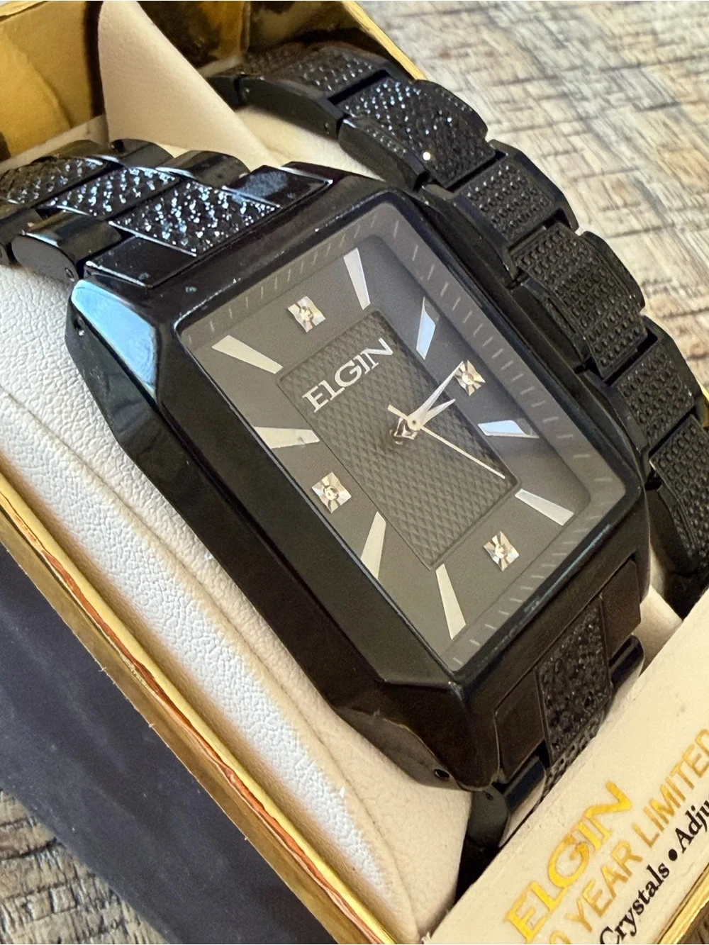 NEW! Elgin Black Crystal Watch 37mm + matching bracelet- NIB - 10 Year Warranty